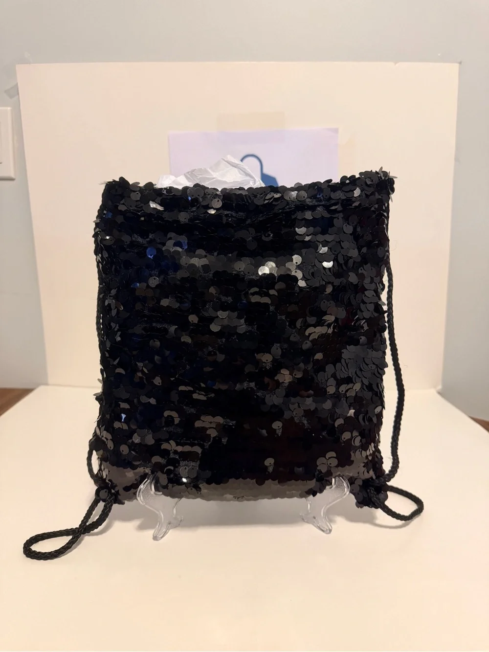 Black Sequined Drawstring Backpack - Picture 1 of 7